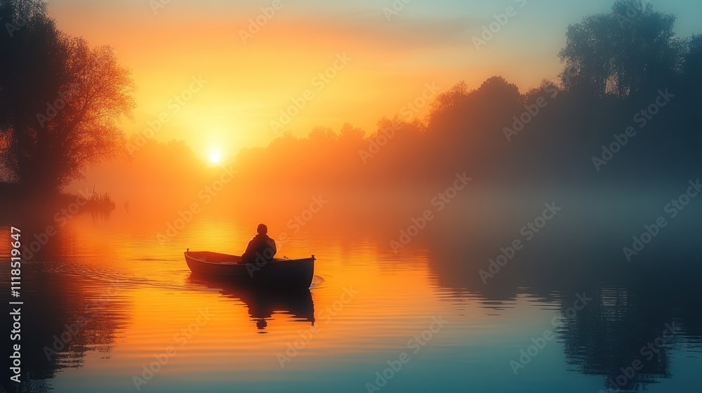 Solitary figure in a boat at sunrise on a misty lake. Solitary figure in a boat at sunrise on a misty lake.