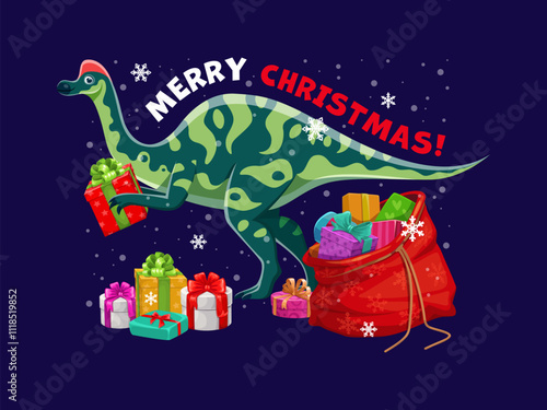 Christmas dinosaur greetings. Cartoon vector cheerful hypacrosaurus dino celebrates Xmas holiday with gifts bag, snowflakes and festive spirit. Merry Christmas greeting card with prehistoric animal photo