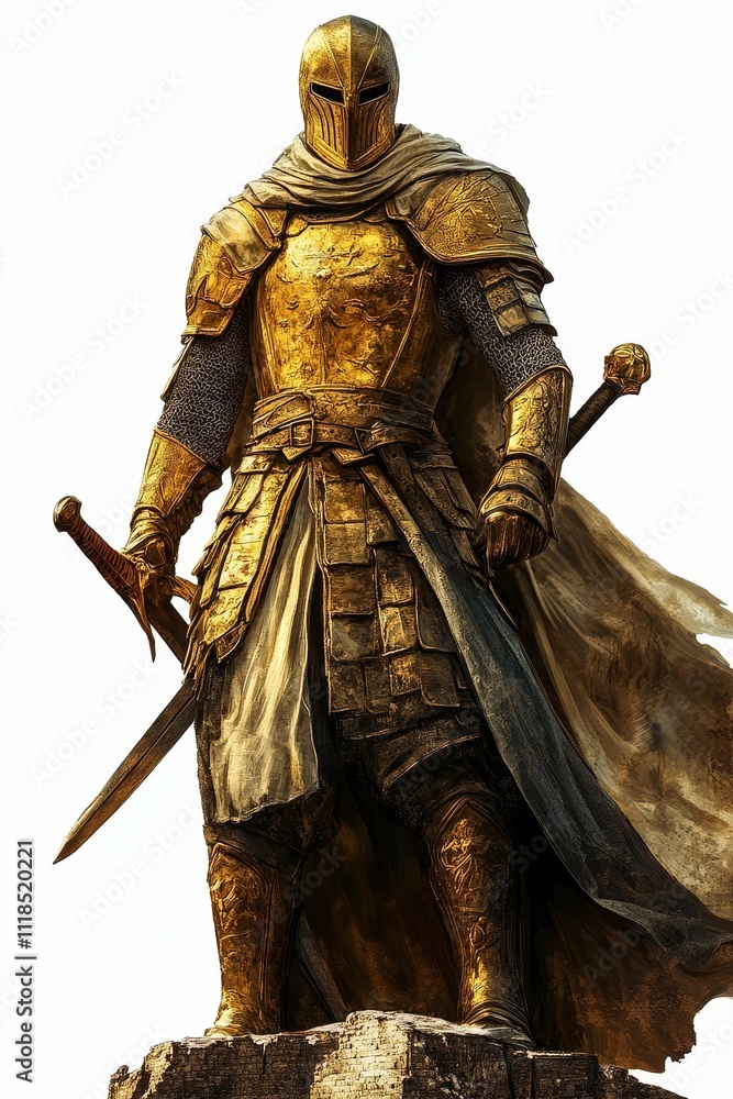 Golden armored figure stands, sword held, on ruins. Golden armored figure stands, sword held, on ruins.