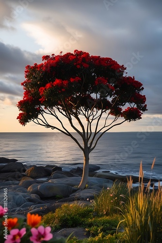 Red royal poinciana flowers bloom along the roadside with sunrise background photo