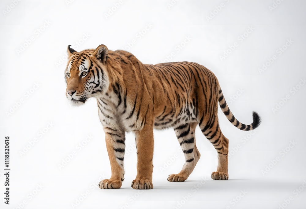 Obraz premium A stunning image of a Siberian tiger, captured in a studio setting against a clean white backdrop. The tiger's powerful presence and intricate stripes are beautifully highlighted.