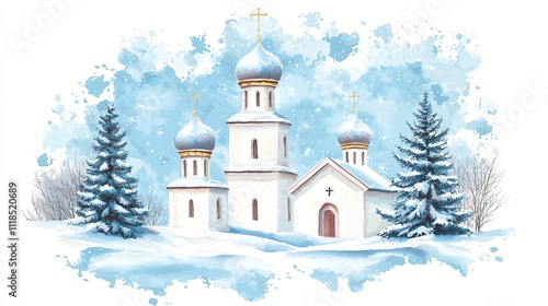 Winter scene featuring a beautiful white church with blue domes, snow-covered trees, and a serene atmosphere.