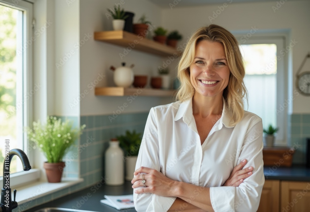 Smiling woman in a white shirt standing in a kitchen. Smiling woman in a white shirt standing in a kitchen.
