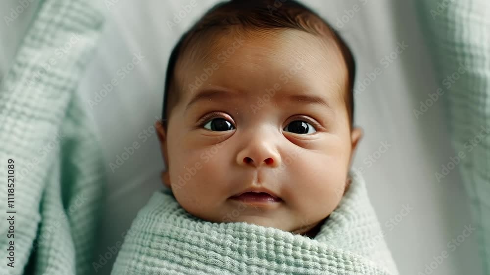 A serene newborn baby wrapped in a soft blanket, symbolizing new life and maternity A serene newborn baby wrapped in a soft blanket, symbolizing new life and maternity