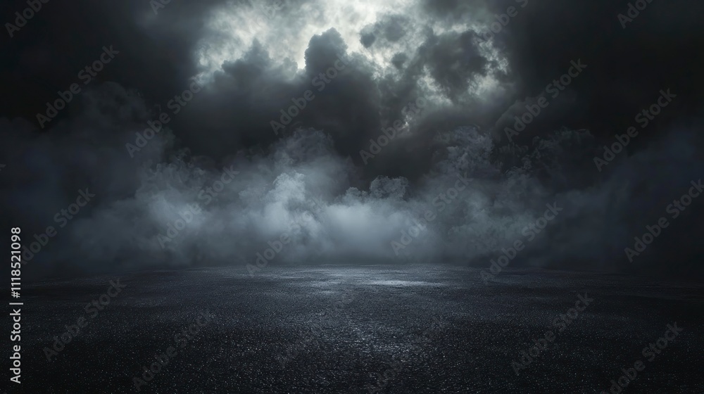 Dark background with fog and a wet asphalt surface. Dark background with fog and a wet asphalt surface.