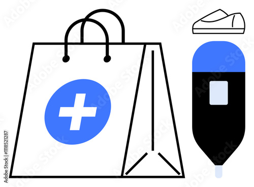 Medical supply bag with a cross, glucometer, and shoe representing diabetic care essentials. Ideal for healthcare, patient education, home care, diabetes management, fitness, first-aid, online