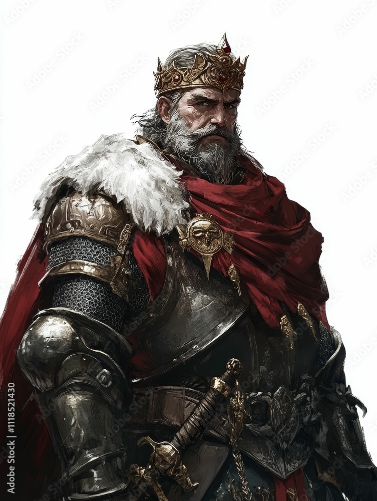 Obraz premium Aged king, armored, crowned, red cloak, stern gaze.