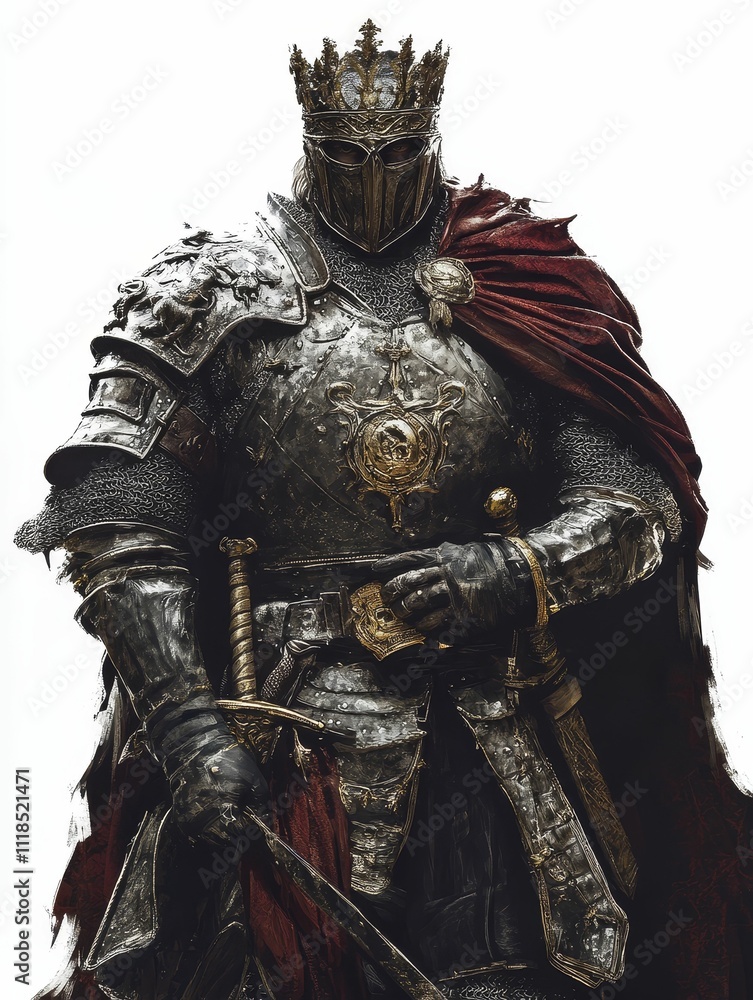 Fototapeta premium Crowned warrior, ornate armor, dark cloak, swords.