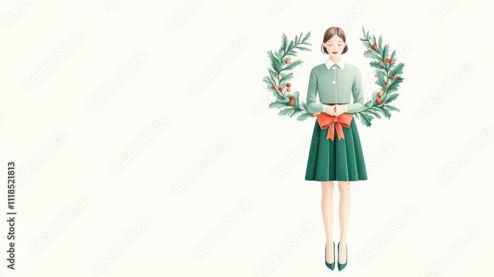 Woman holds a festive wreath with greenery. Woman holds a festive wreath with greenery.