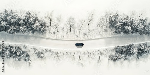 Aerial view of a winding winter road surrounded by snow-covered trees in a tranquil forest