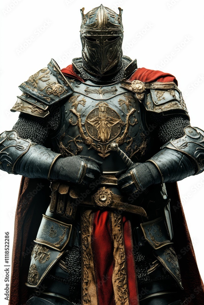 Ornate armored knight, red cloak, holds sword. Ornate armored knight, red cloak, holds sword.
