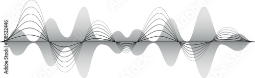 Black oscillating lines are creating a sound wave visualization, representing radio signal frequency and digital voice tune equalizer, on a white background with gray shadows