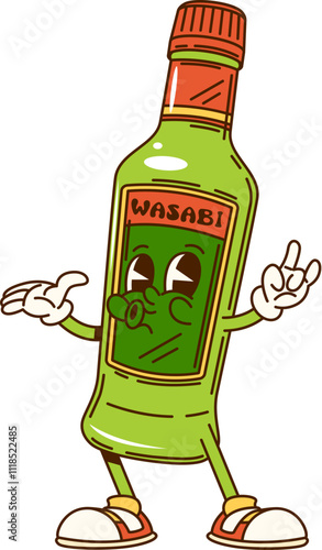 Cartoon groovy wasabi sauce bottle character with funny face, vector comic. Groovy wasabi sauce bottle funky whistling for Japanese cuisine sushi or fast food spicy hot sauce cartoon retro character