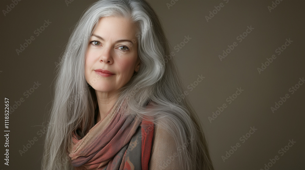 Naklejka premium Kobieta o siwych, długich włosach i łagodnym spojrzeniu, z subtelnym szalem otulającym szyję, uchwycona na stonowanym tle, zachwyca harmonią i wdziękiem.