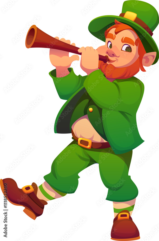 Cartoon Irish leprechaun man character in green outfit and hat playing wooden flute celebrating St Patrick Day. Isolated vector cheerful elf personage of folklore with red beard and magical charm Cartoon Irish leprechaun man character in green outfit and hat playing wooden flute celebrating St Patrick Day. Isolated vector cheerful elf personage of folklore with red beard and magical charm