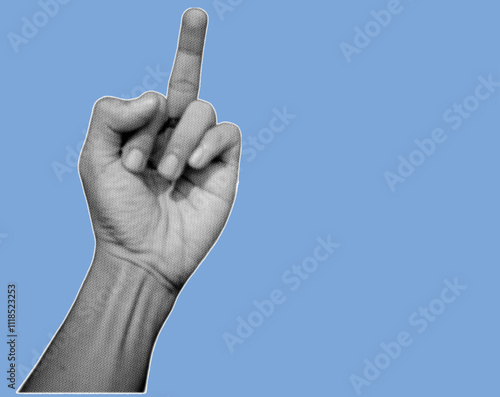 Close up of offensive gesture hand pointing pixelate grayscale color halftone dotted texture style collage element isolated on blue background