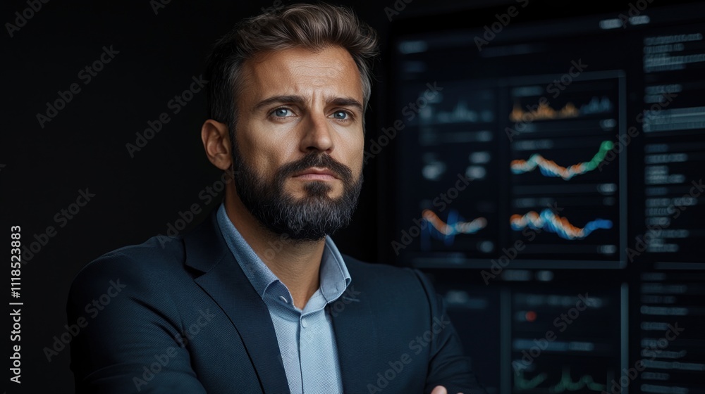 Young middle eastern businessman analyzes virtual market data on a modern trading floor with advanced technology and strategic focus on AI predictions Young middle eastern businessman analyzes virtual market data on a modern trading floor with advanced technology and strategic focus on AI predictions