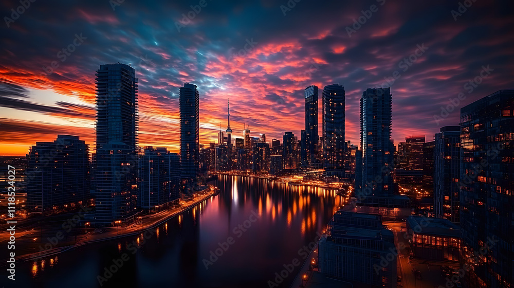 Obraz premium A stunning twilight cityscape of Toronto, showcasing skyscrapers against a vibrant sky with illuminating lights reflecting on the water.