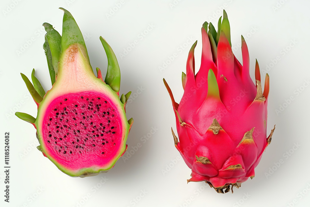 Fresh dragon fruit pitaya cut in half healthy ripe tropical organic natural food concept isolated on white background. Fresh dragon fruit pitaya cut in half healthy ripe tropical organic natural food concept isolated on white background.