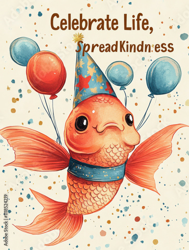 Charming New Year Illustrations with vibrant goldfish wearing festive outfits, holding balloons and party hats: Wallpapers, T-shirts, Posters & Decor photo