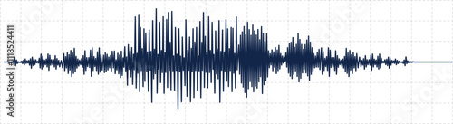 Dark blue seismic activity diagram showing radio frequency waves and oscilloscope waveform graph on white background with grid is representing earthquake or other earth vibration