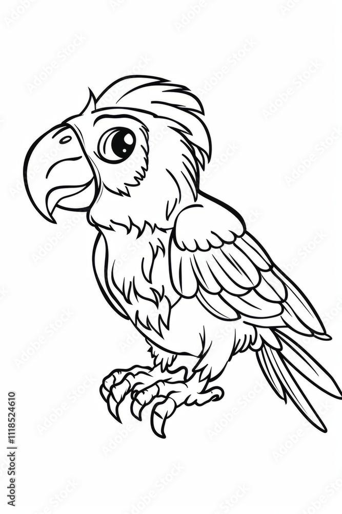 Black and white cartoon illustration of a cute parrot standing and smiling, black and white drawing for coloring activities Black and white cartoon illustration of a cute parrot standing and smiling, black and white drawing for coloring activities