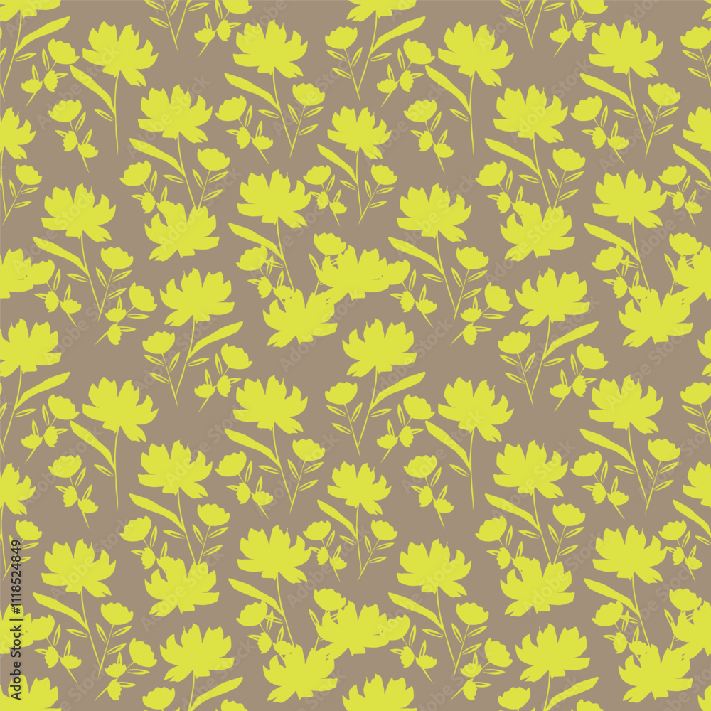 Fototapeta premium Seamless floral pattern, liberty ditsy print of pretty decorative art meadow, mini wild plants. Cute botanical design: small hand drawn flowers, simple tiny grass, leaves. Vector illustration.