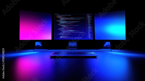 Night Coding Session: Triple Monitor Setup with Neon Lights