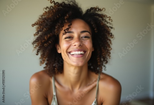 A woman with curly hair smiles brightly at the camera.