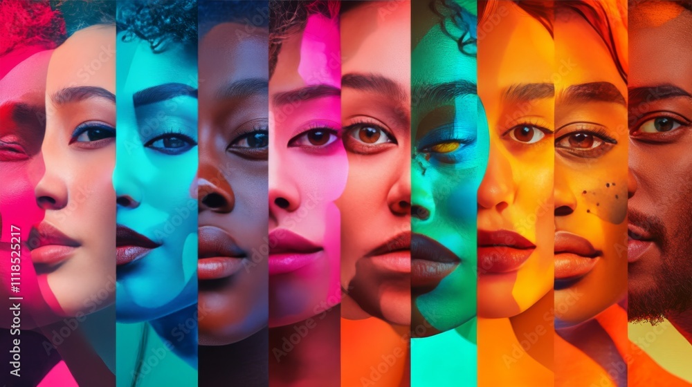 Obraz premium Colorful Portraits of Diverse Faces Merged Together in an Artistic Celebration of Beauty and Identity