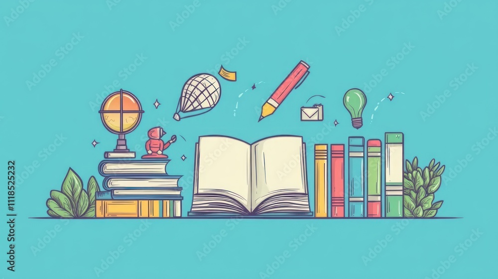 An illustration featuring books, a globe, and educational symbols, symbolizing knowledge and learning. An illustration featuring books, a globe, and educational symbols, symbolizing knowledge and learning.