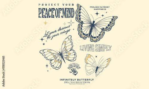 Free spirit. Protect your peace of mind. Butterfly with flower artwork for t shirt print, poster, sticker, background and other uses. Spring flower. Self love club. 