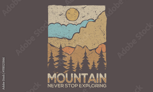 Abstract art.  Hill trekking. Mountain adventure vintage print design for t shirt. Wild lake vector artwork design. Explore more. Colorado national park artwork.