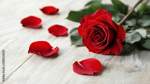 A vibrant red rose lies on a wooden surface, surrounded by scattered rose petals, conveying beauty and romance.