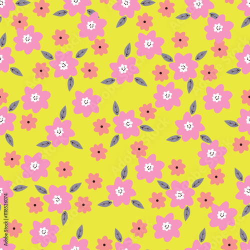 Seamless floral pattern, liberty ditsy print of pretty decorative art meadow, mini wild plants. Cute botanical design: small hand drawn flowers, simple tiny grass, leaves. Vector illustration.