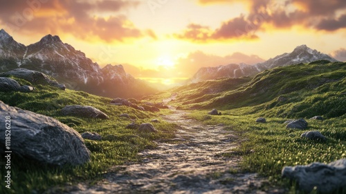 A serene landscape featuring a winding path through lush grass and mountains at sunset.