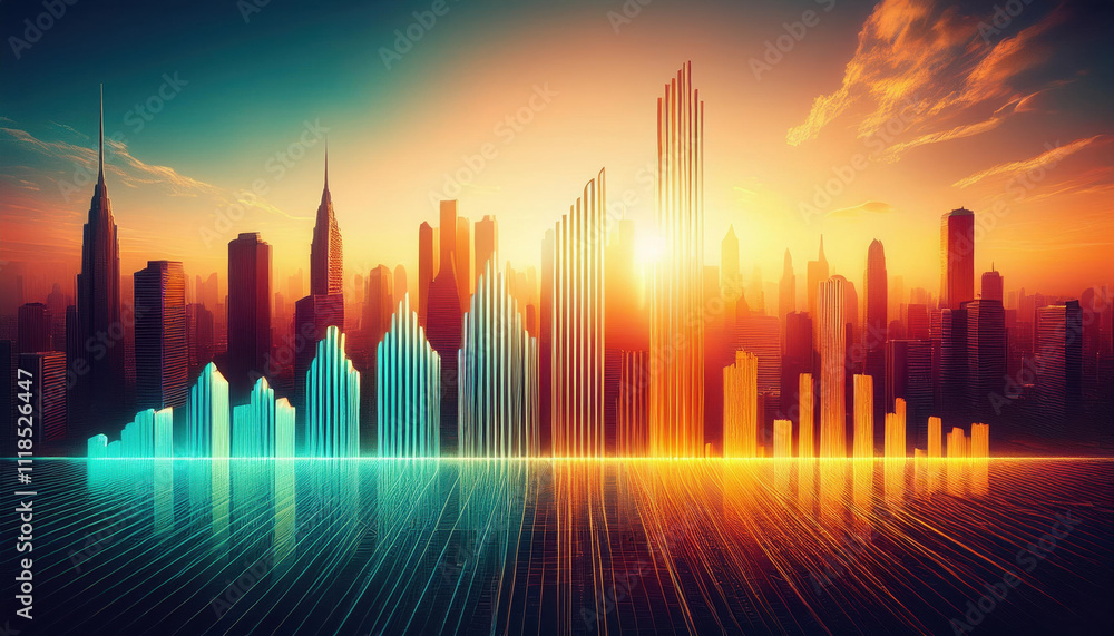vibrant cityscape at sunset, featuring skyscrapers resembling growth graph with glowing colors. scene evokes sense of innovation and progress vibrant cityscape at sunset, featuring skyscrapers resembling growth graph with glowing colors. scene evokes sense of innovation and progress