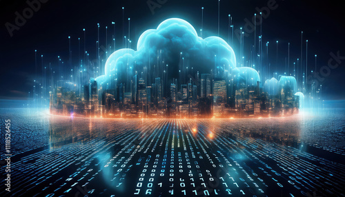dark cloud of binary code looms over glowing cityscape, symbolizing digital age and technology impact on urban life