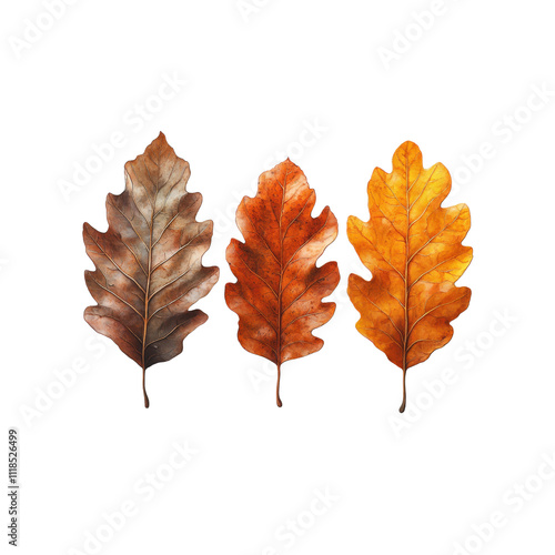 Dried oak leaves in shades of brown, orange, and yellow arranged together, showcasing beauty of autumn foliage. Perfect for seasonal themes and nature inspired designs photo