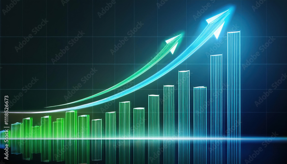 dynamic bar chart glowing in shades of green and blue, showcasing upward trends with arrows indicating growth and progress dynamic bar chart glowing in shades of green and blue, showcasing upward trends with arrows indicating growth and progress