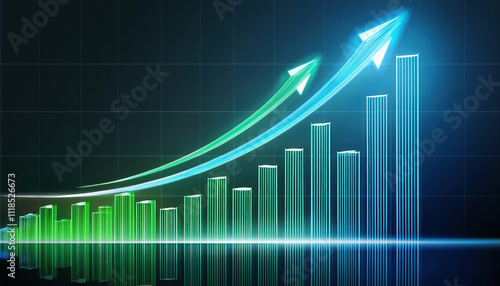 dynamic bar chart glowing in shades of green and blue, showcasing upward trends with arrows indicating growth and progress