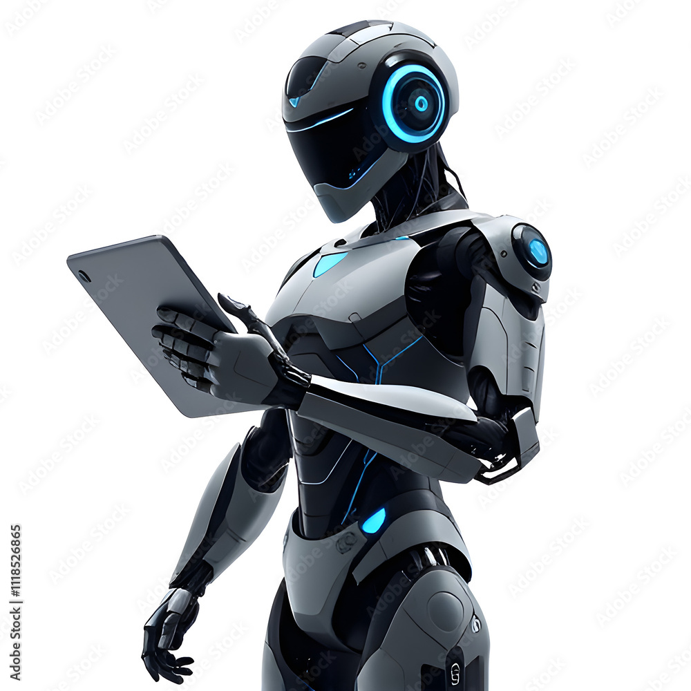 A 3D render of a cute, futuristic android robot character with glowing mechanical hands, working on a laptop A 3D render of a cute, futuristic android robot character with glowing mechanical hands, working on a laptop