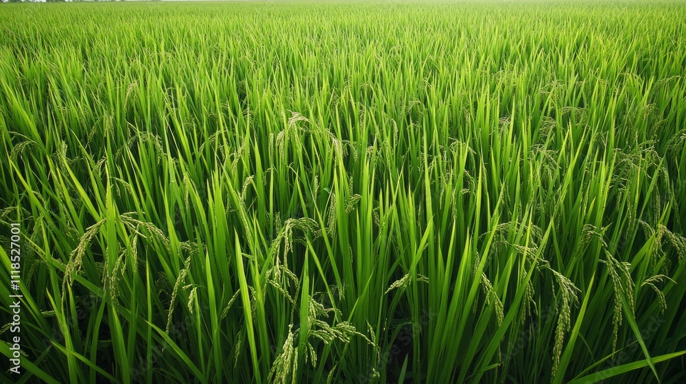 Obraz premium Lush green rice paddy field with young rice plants showing grains.