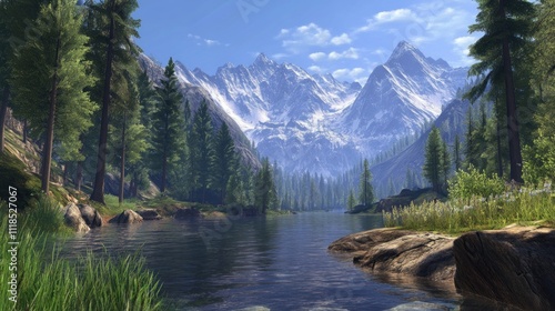 A serene landscape featuring mountains, a river, and lush greenery under a clear sky.