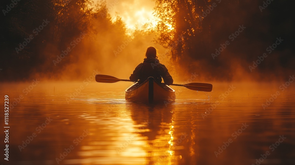 Solo kayaker paddling on a misty river at sunrise. Solo kayaker paddling on a misty river at sunrise.