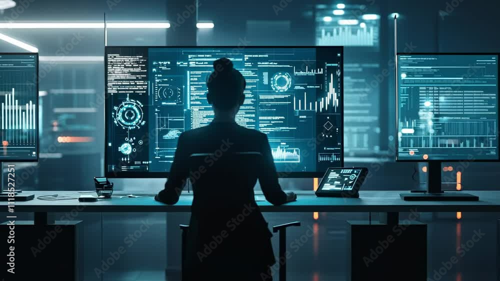 A silhouette of a person in front of multiple screens displaying data and analytics. A silhouette of a person in front of multiple screens displaying data and analytics.