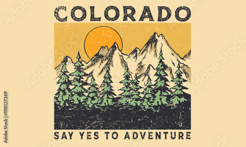 Abstract art.  Mountain adventure vintage print design for t shirt. Colorado national park artwork.