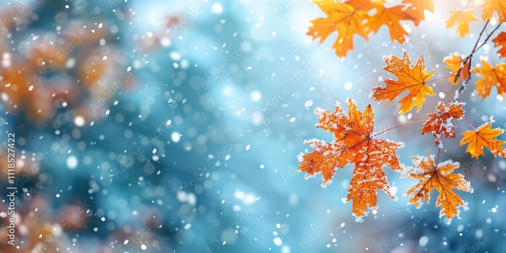 A lone yellow and orange maple leaf branch over a snowy landscape with snowflakes in the setting, depicting the onset of a new season and the demise of dried foliage and space, Generative AI. A lone yellow and orange maple leaf branch over a snowy landscape with snowflakes in the setting, depicting the onset of a new season and the demise of dried foliage and space, Generative AI.