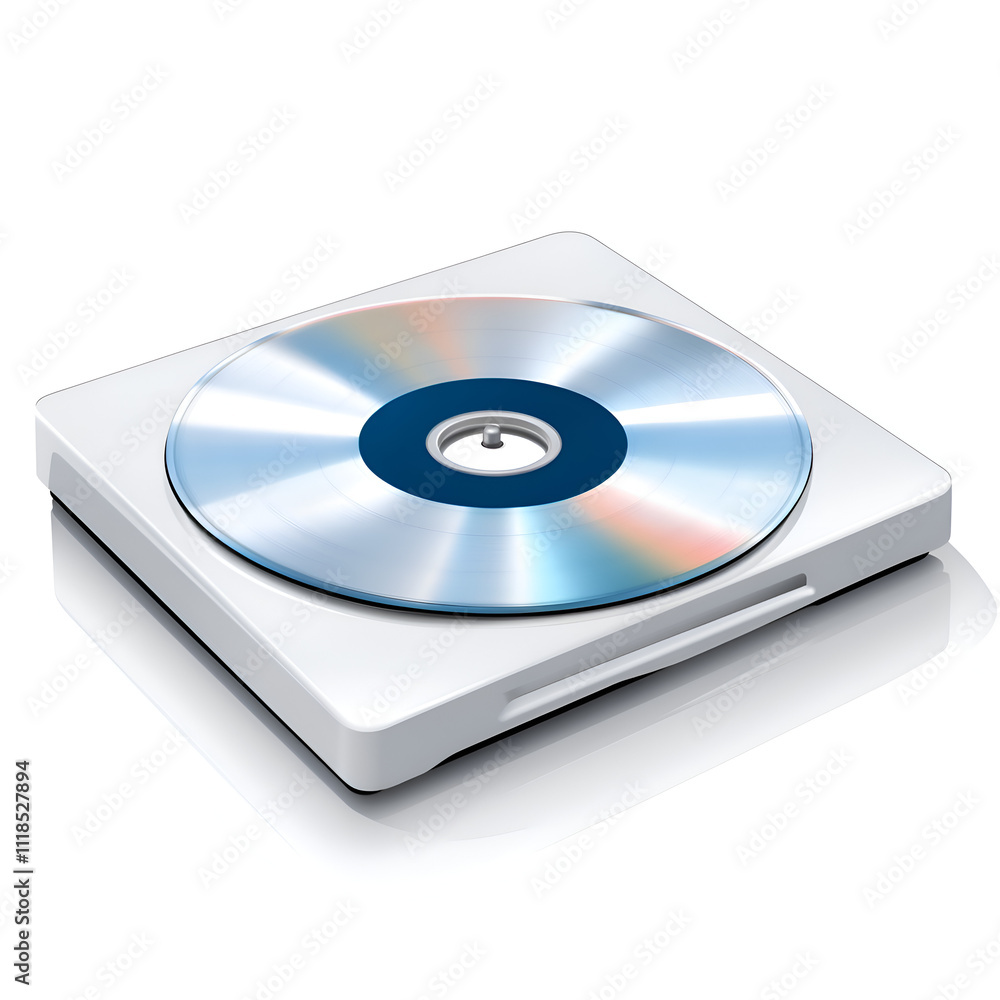 Compact disc player with silver disc on white platform in a modern setting Compact disc player with silver disc on white platform in a modern setting