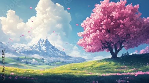 Beautiful fantasy spring nature landscape with cherry blossom tree - animated background in anime or cartoon illustration style, seamless looping